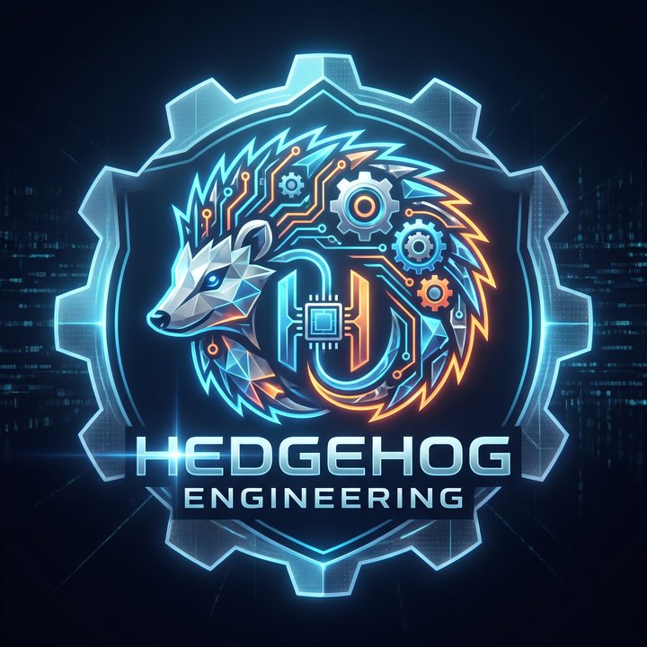 Logo von Hedgehog Engineering: ein Igel aus Schaltkreisen und Zahnrädern in einem Zahnrad, darunter der Schriftzug Hedgehog Engineering